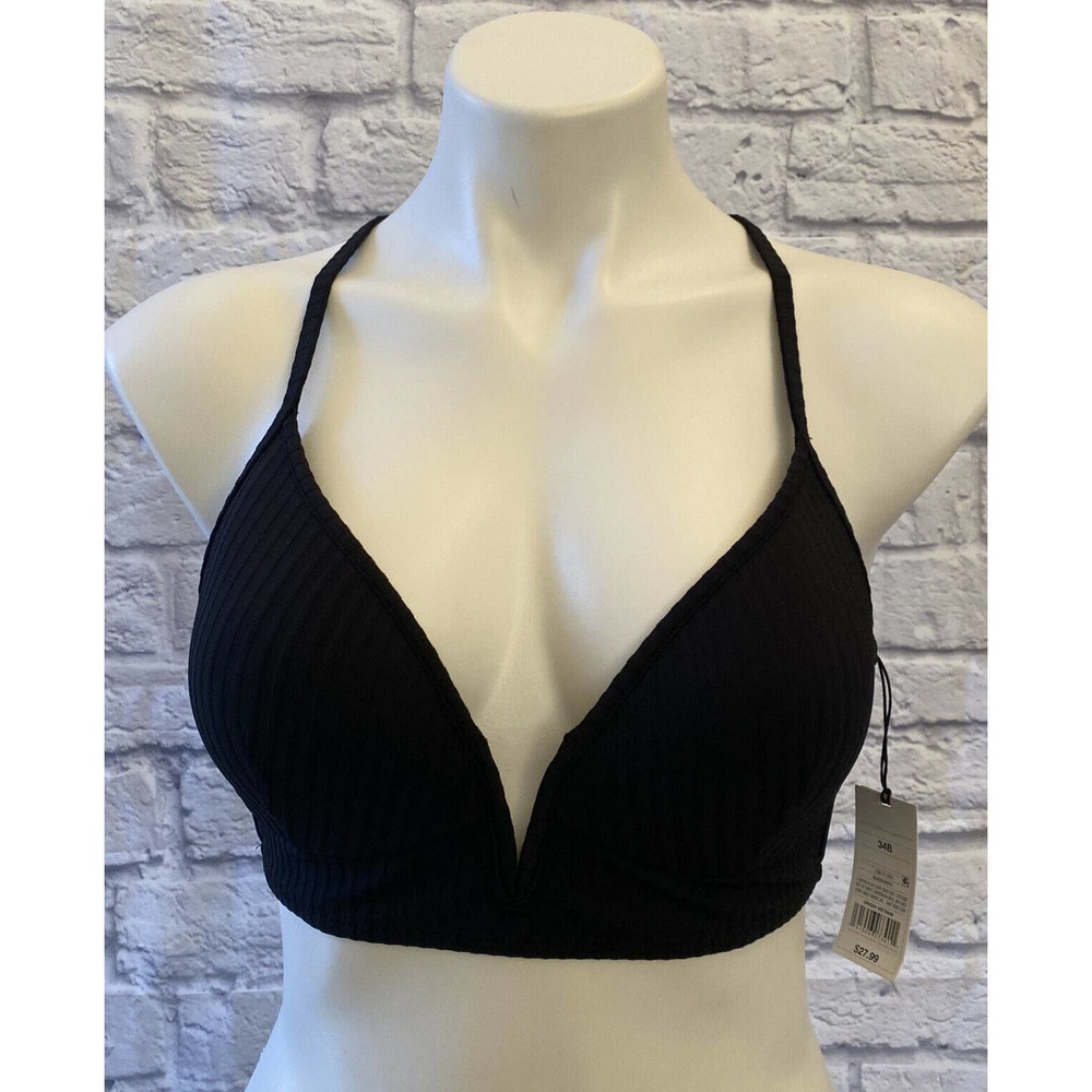 Shade & Shore NWT Women's Lightly Lined V-Wire Black Ribbed Bikini Top Size 34B